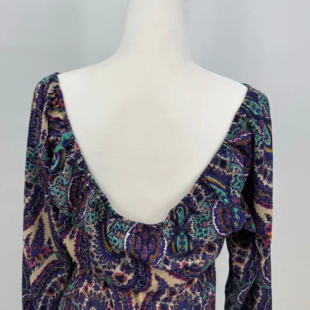 Earthbound Long Sleeve Midi Dress M Purple Paisley Y2K Tie Neck Babydoll Boho - Picture 7 of 9